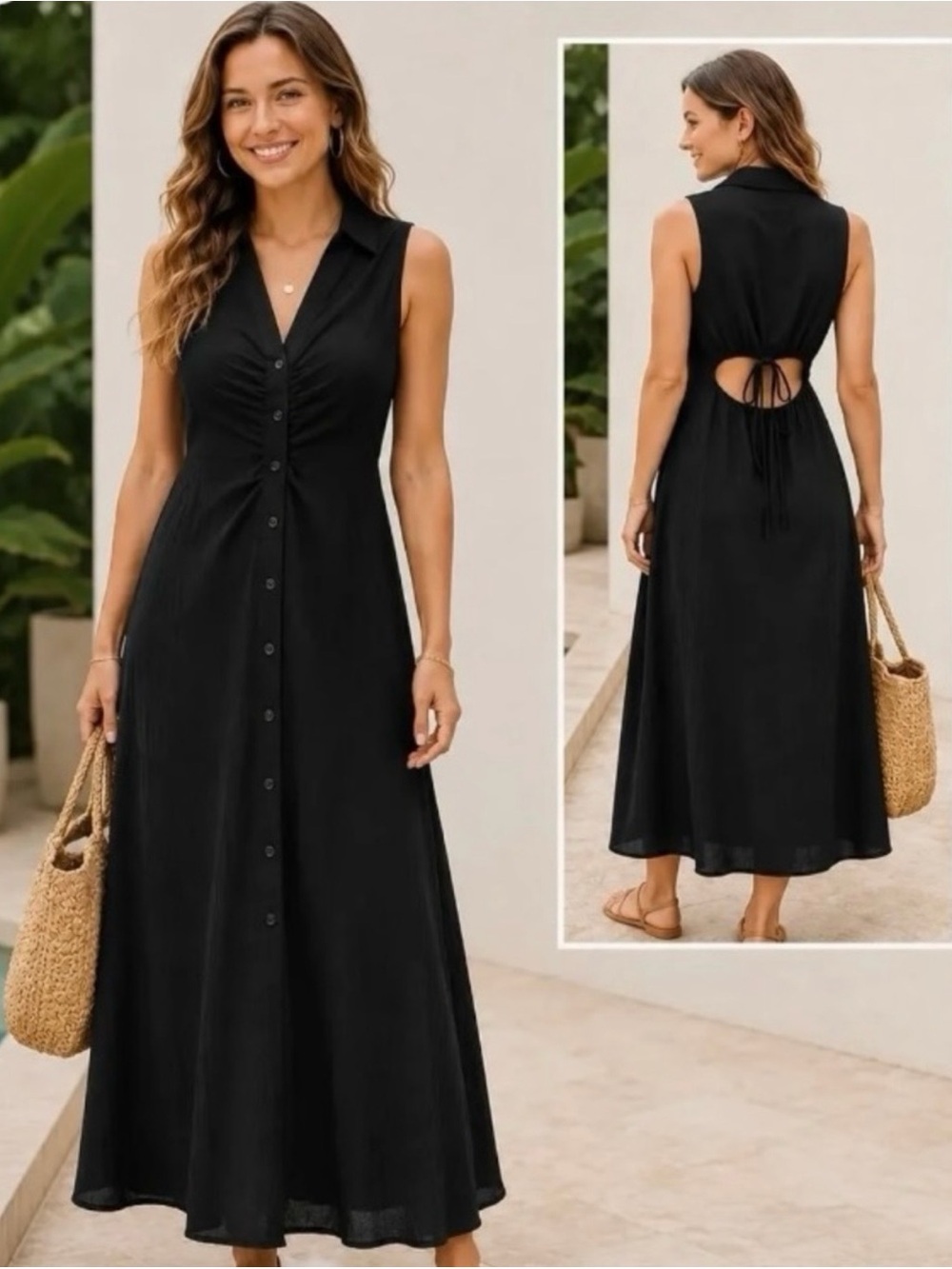 Astr Black Sleeveless Button-Front Maxi Dress with Back Tie Cutout